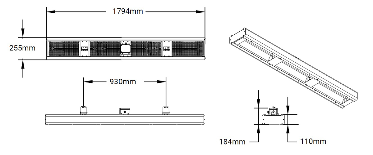 Technical line drawings for Shadow Infinity Industrial heaters